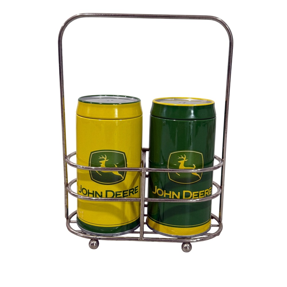 John Deere Salt and Pepper Shaker Set with Metal Wire Caddy Green Yellow Tin